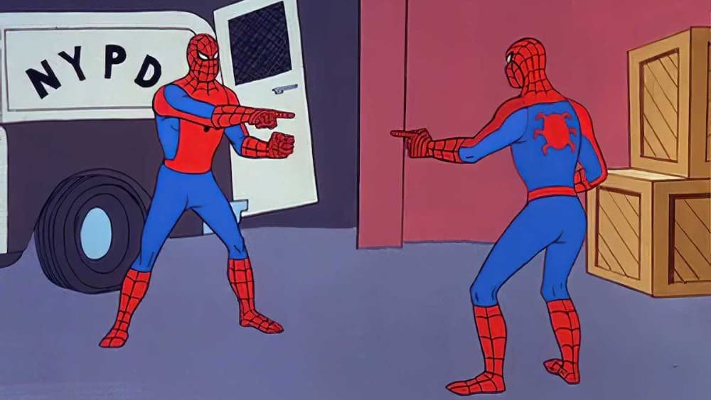 서로를 가리키는 두 스파이더맨