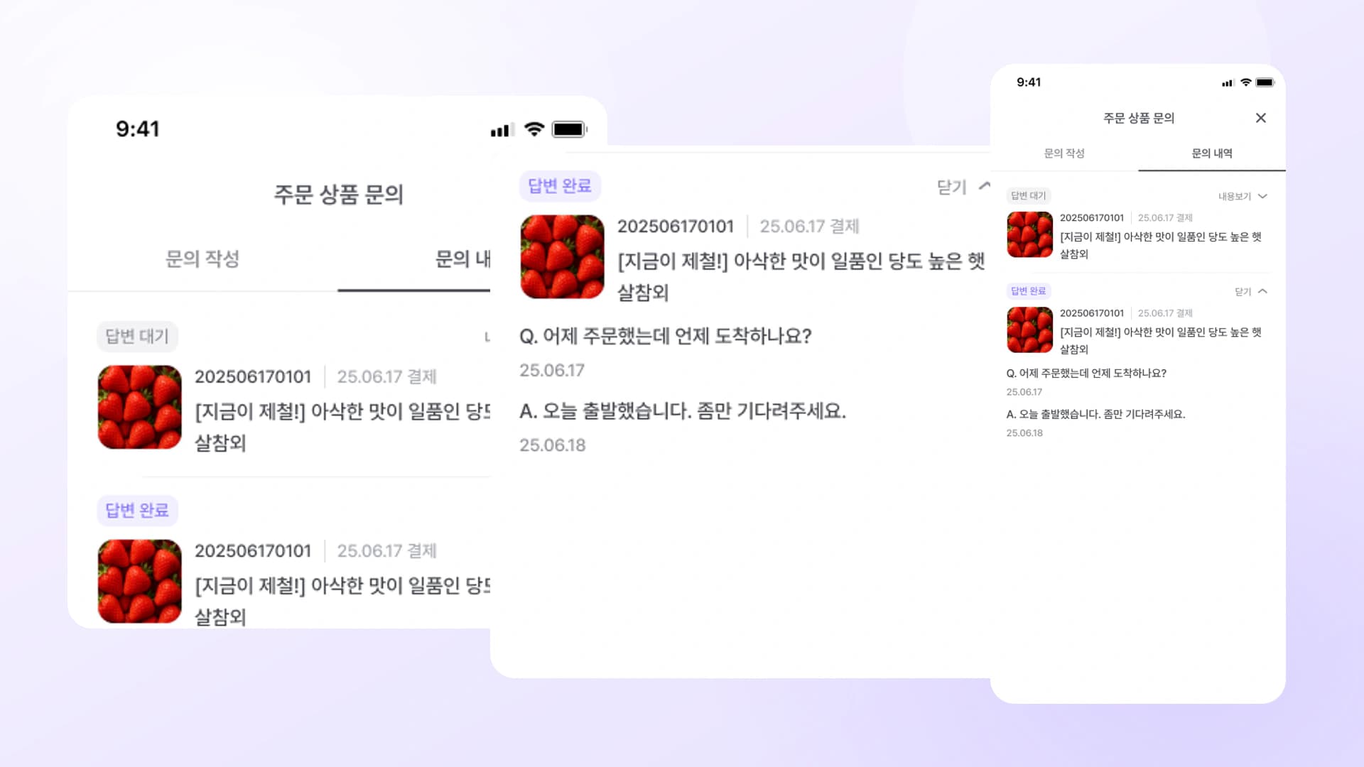 주문 상품 문의와 판매자 답변을 확인하는 화면