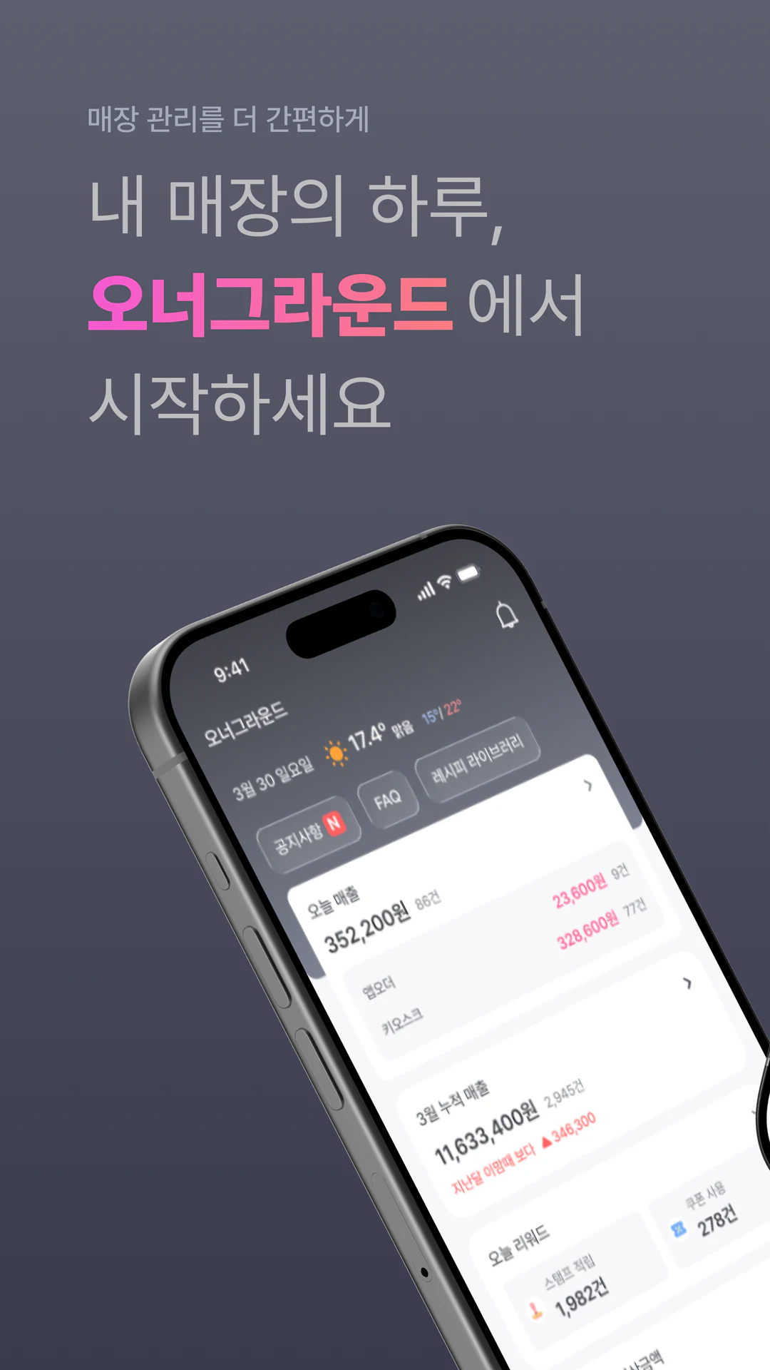 오늘 매출과 주요 현황을 보여 주는 오너그라운드 홈 화면