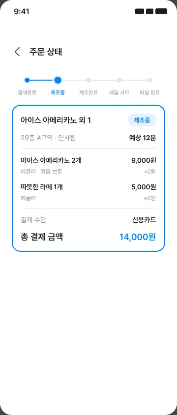 주문 단계와 메뉴, 결제 금액을 확인하는 임직원 앱 주문 상태 화면